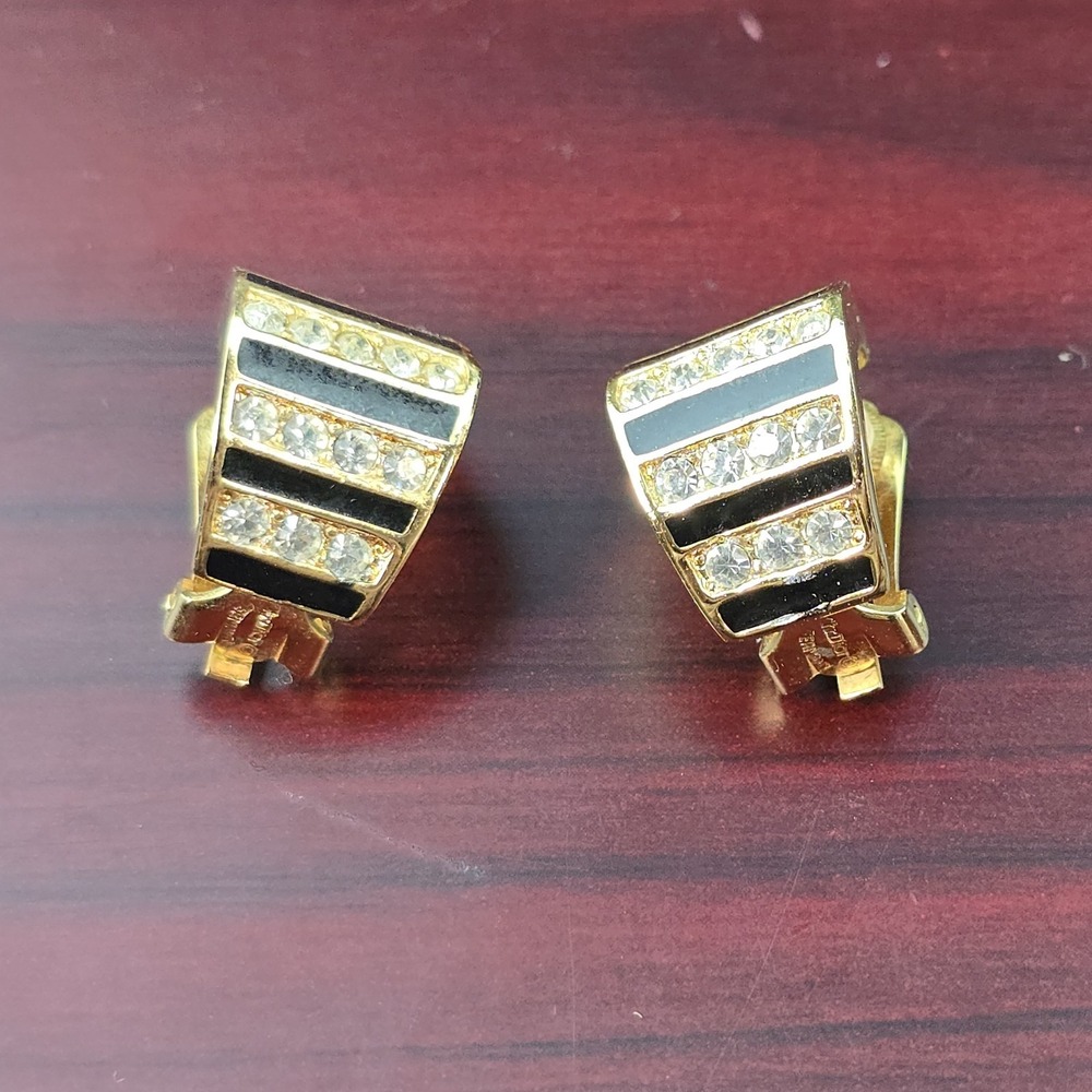 Christian‎ Dior Germany Black Enamel Rhinestone Clip Earrings Vintage